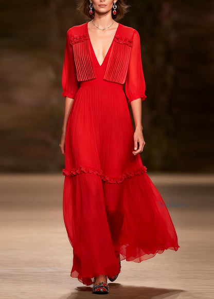 Women Red V Neck Ruffled Floral Patchwork Chiffon Dress Summer
