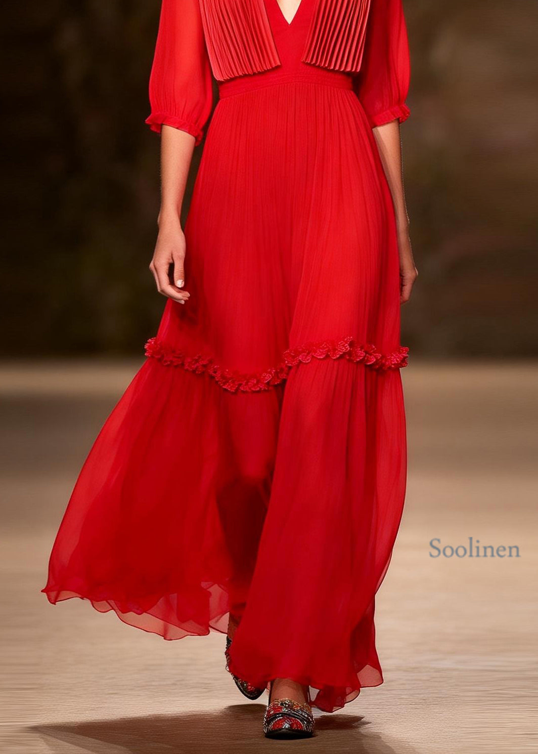 Women Red V Neck Ruffled Floral Patchwork Chiffon Dress Summer