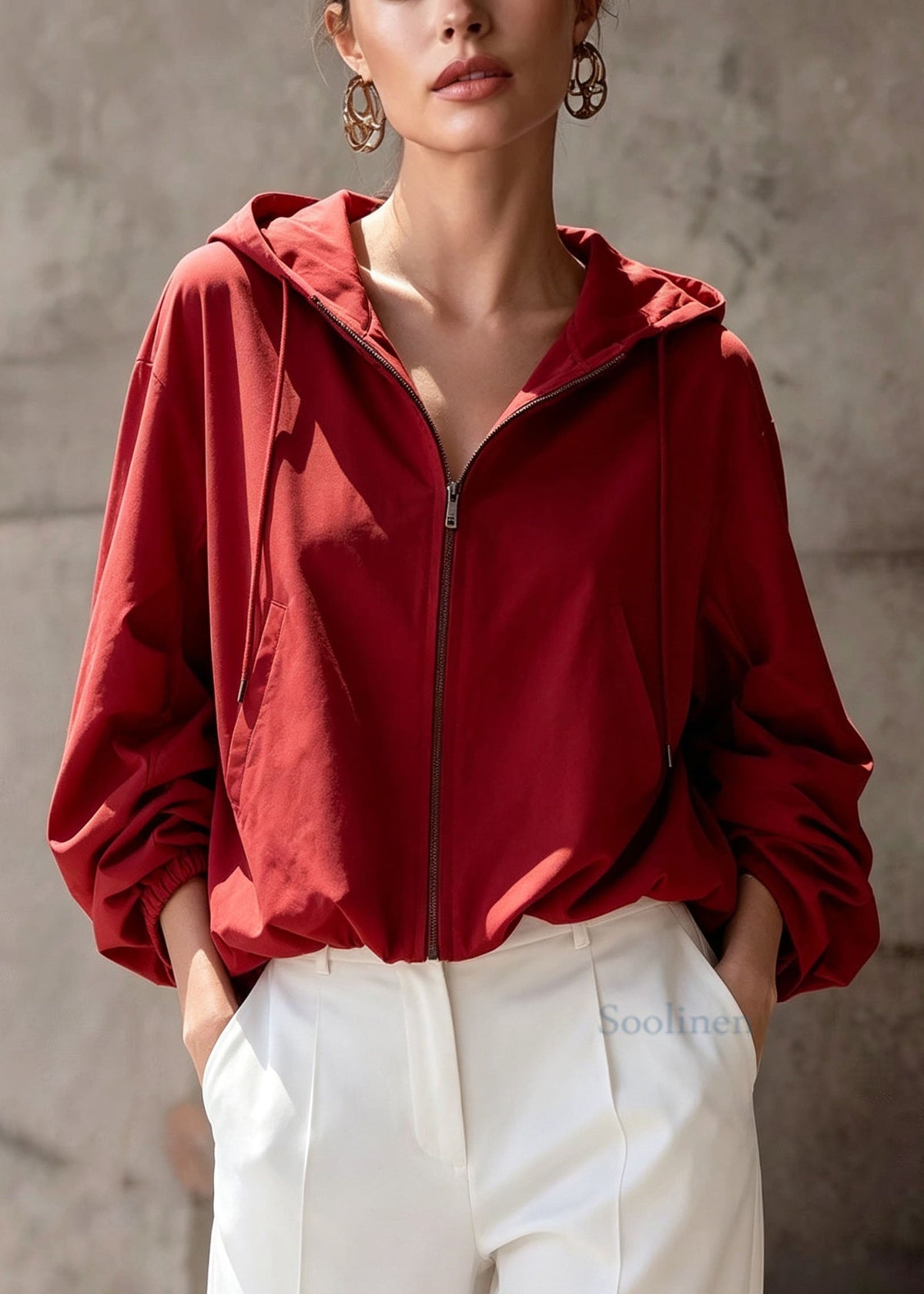 Women Red Zip Up Pockets Hooded Short Coats Fall