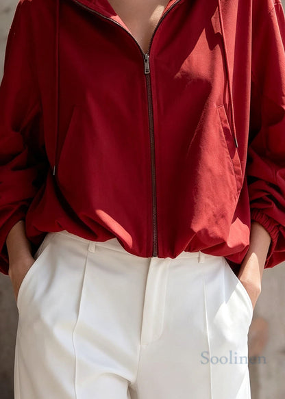 Women Red Zip Up Pockets Hooded Short Coats Fall