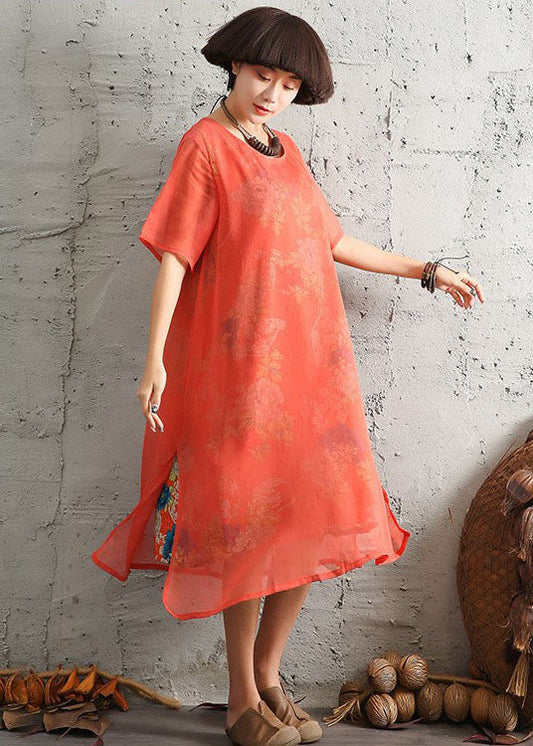 Women Red side open Print Dress Short Sleeve