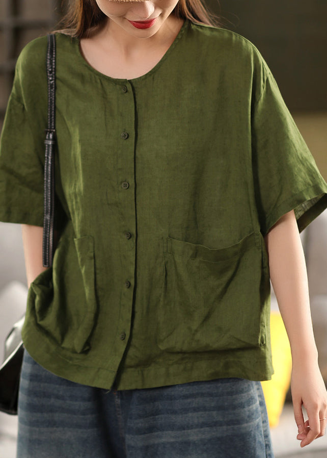 Women Rose O Neck Button Pockets Linen Shirt Tops Summer