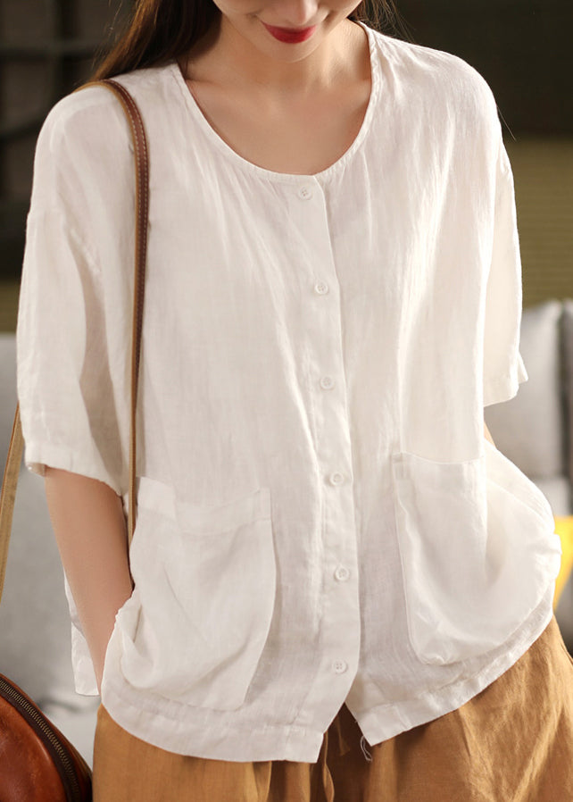Women Rose O Neck Button Pockets Linen Shirt Tops Summer