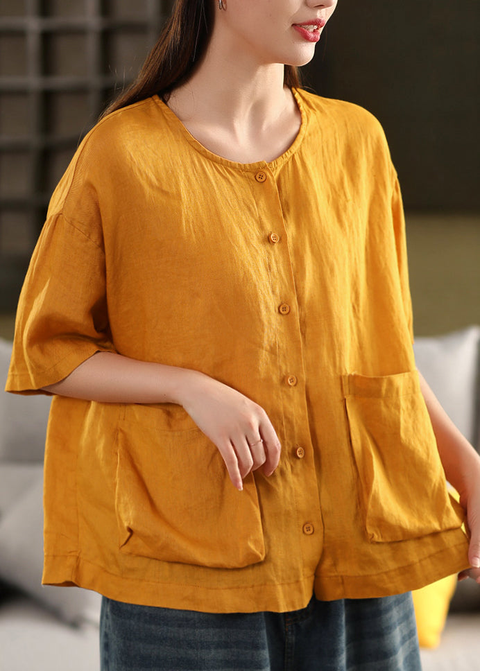 Women Rose O Neck Button Pockets Linen Shirt Tops Summer