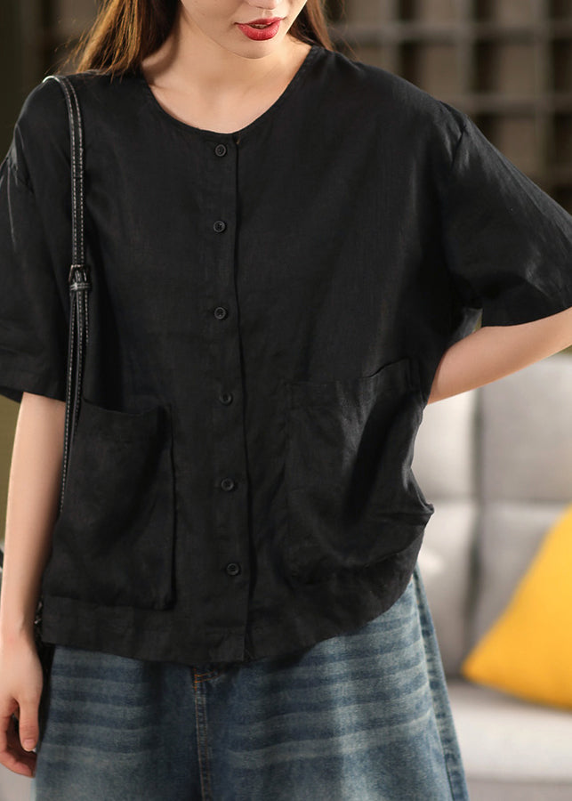 Women Rose O Neck Button Pockets Linen Shirt Tops Summer