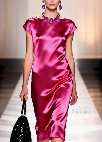 Women Rose O Neck Loose Silk Long Dresses Summer