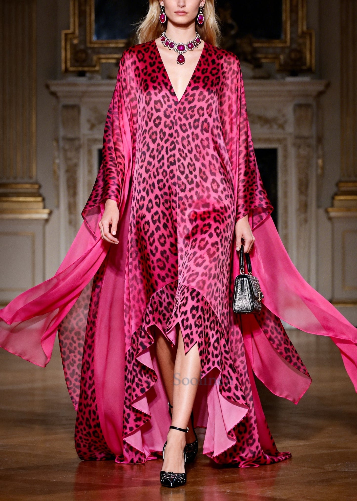 Women Rose Oversized Leopard Exra Large Hem Chiffon Dress Summer