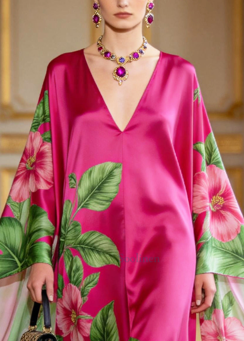 Women Rose Oversized Print Chiffon Vacation Dresses Batwing Sleeve