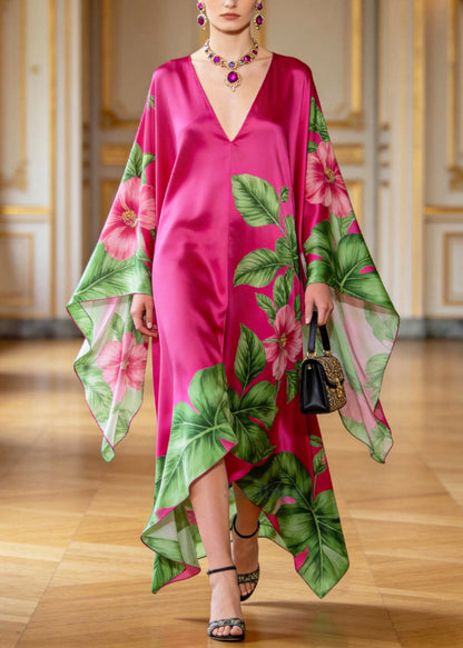 Women Rose Oversized Print Chiffon Vacation Dresses Batwing Sleeve