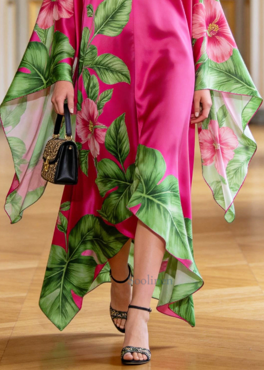 Women Rose Oversized Print Chiffon Vacation Dresses Batwing Sleeve