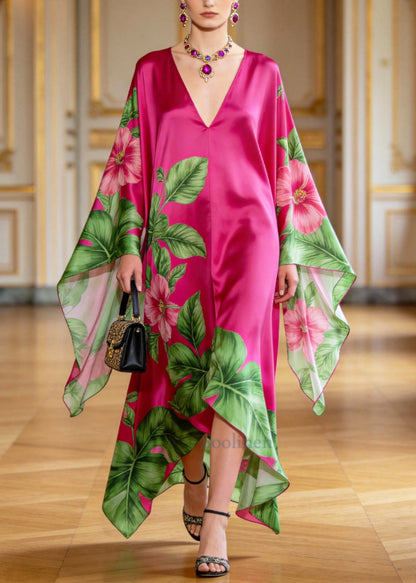 Women Rose Oversized Print Chiffon Vacation Dresses Batwing Sleeve