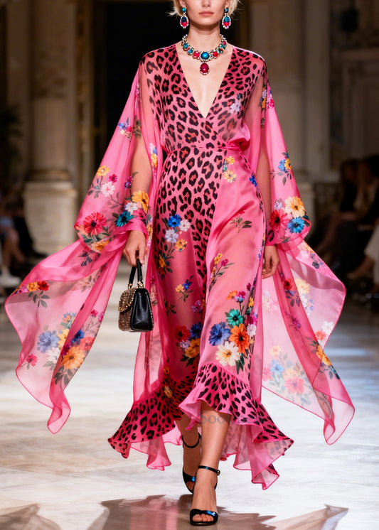 Women Rose Print Draping Chiffon Beach Dresses Summer