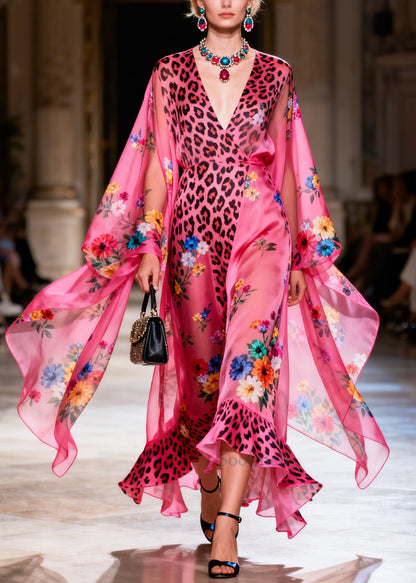 Women Rose Print Draping Chiffon Beach Dresses Summer