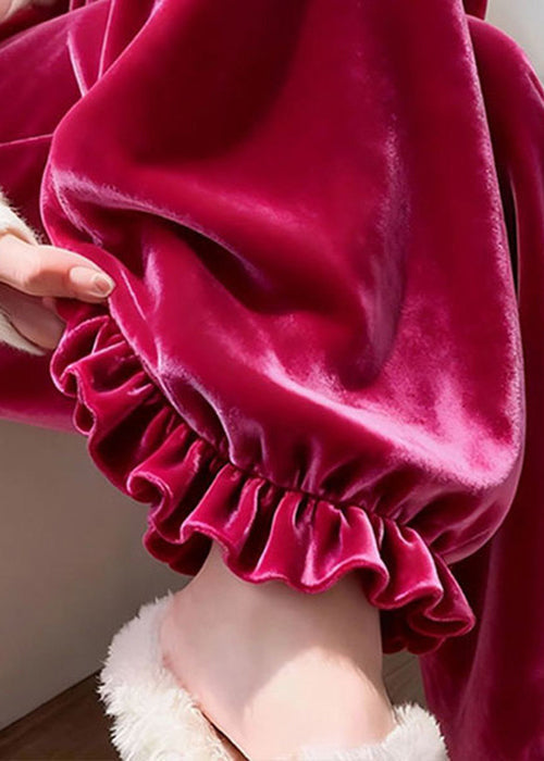 Damen Rose Rüschenhose aus einfarbigem Seidensamt Winter