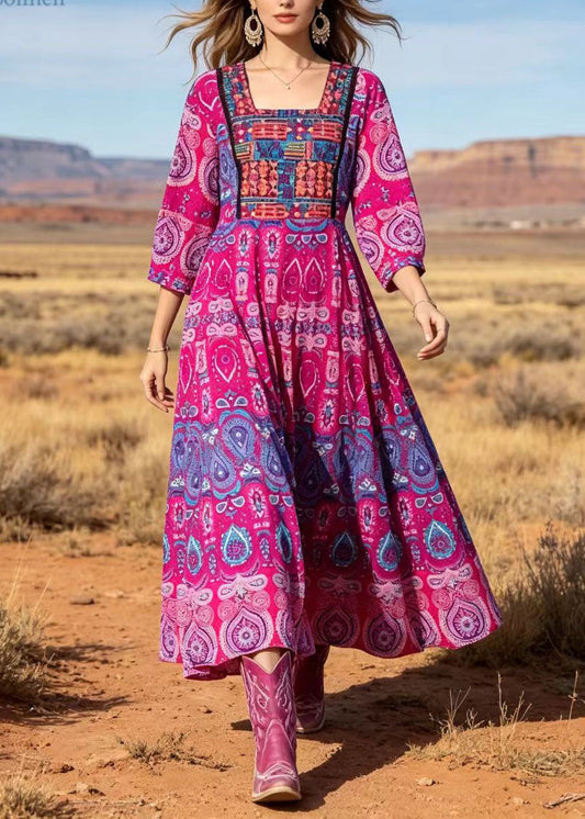 Women Rose Square Collar Print Cotton Long Dresses Summer