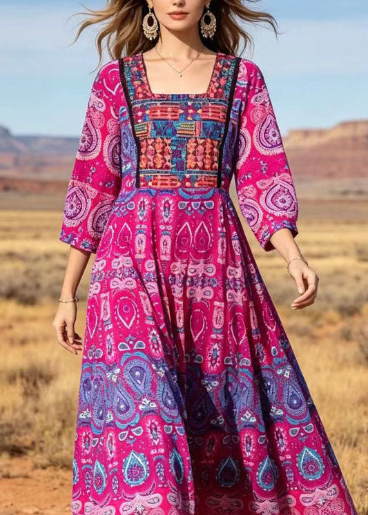 Women Rose Square Collar Print Cotton Long Dresses Summer