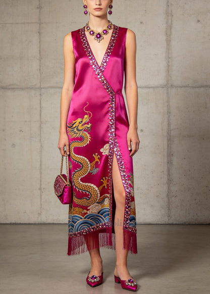 Women Rose Tasseled Sequins Side Open Silk Dresses Sleeveless