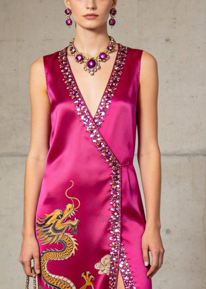 Women Rose Tasseled Sequins Side Open Silk Dresses Sleeveless
