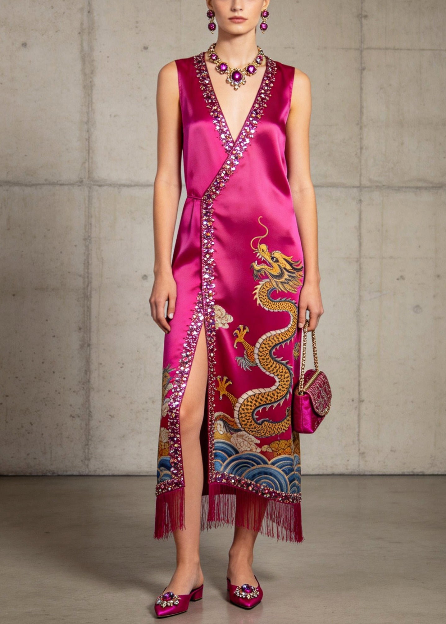 Women Rose Tasseled Sequins Side Open Silk Dresses Sleeveless