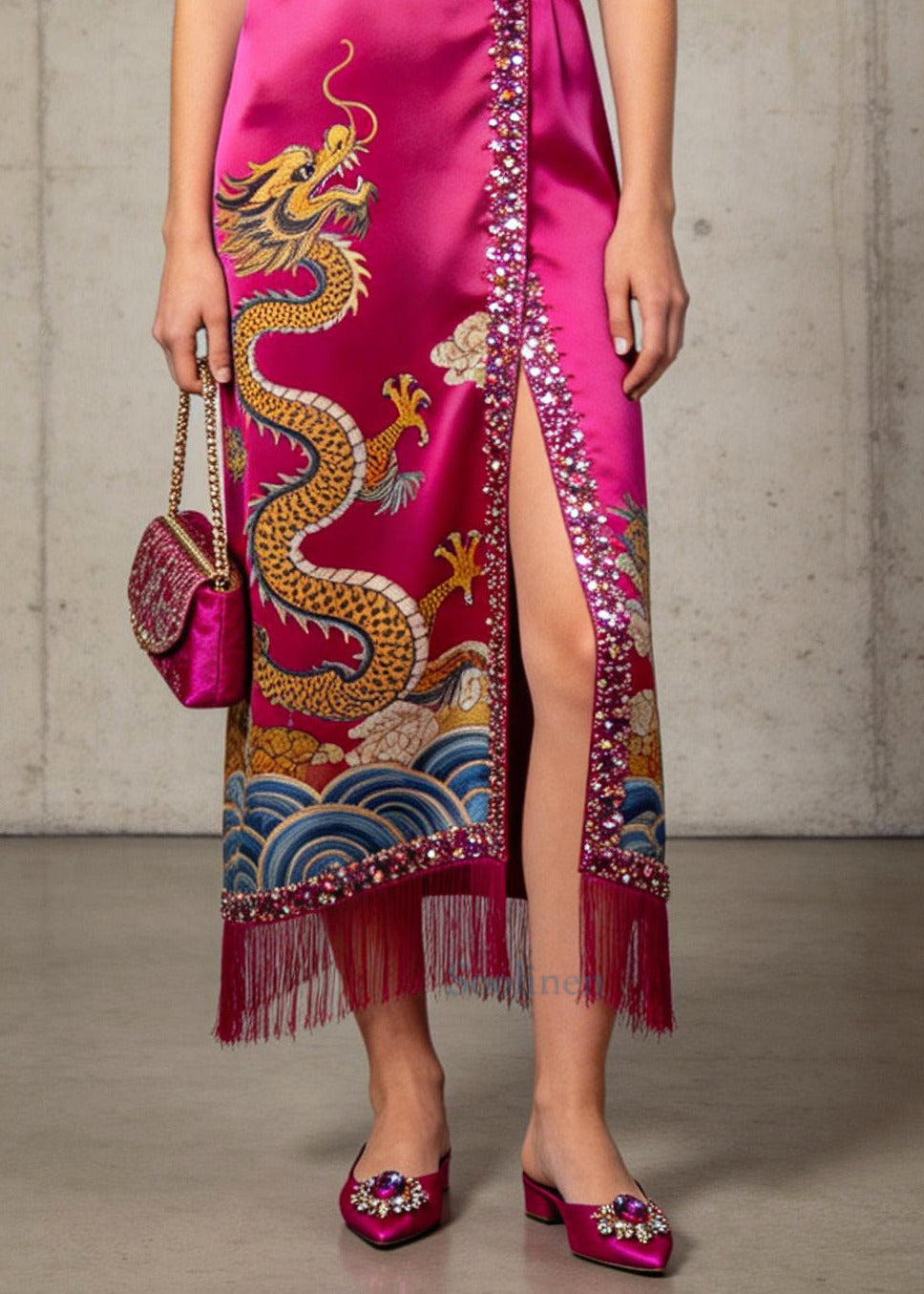 Women Rose Tasseled Sequins Side Open Silk Dresses Sleeveless