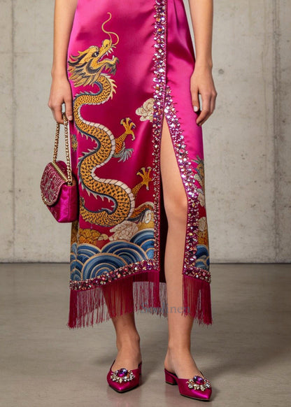 Women Rose Tasseled Sequins Side Open Silk Dresses Sleeveless