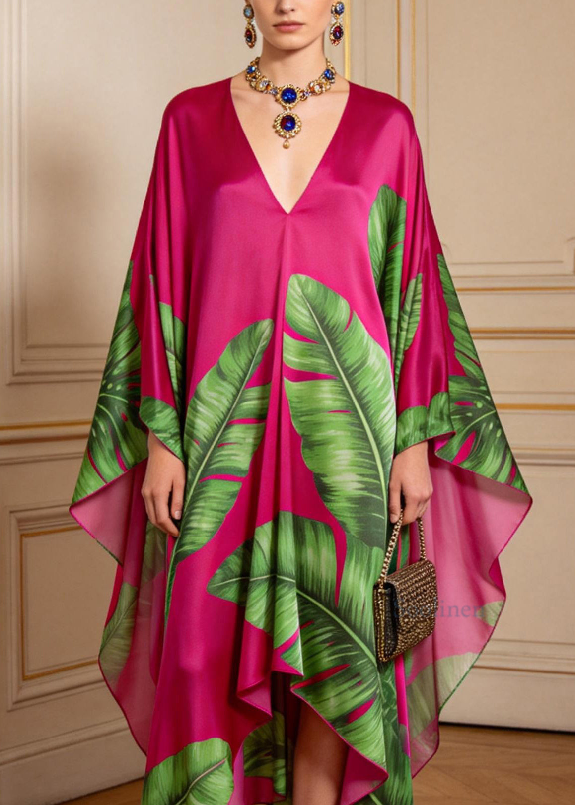 Women Rose V Neck Asymmetrical Design Print Chiffon Long Dress Summer