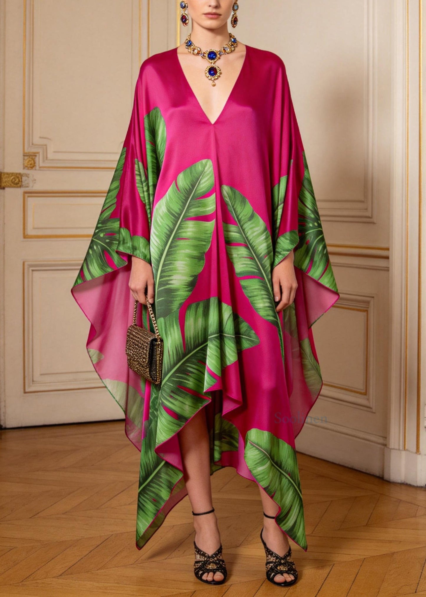 Women Rose V Neck Asymmetrical Design Print Chiffon Long Dress Summer