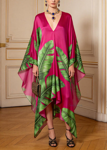Women Rose V Neck Asymmetrical Design Print Chiffon Long Dress Summer