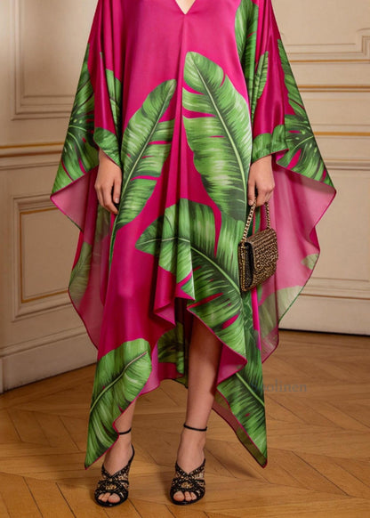 Women Rose V Neck Asymmetrical Design Print Chiffon Long Dress Summer