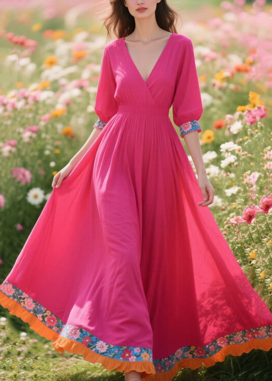 Women Rose V Neck Patchwork Cotton Vacation Dresses Summer