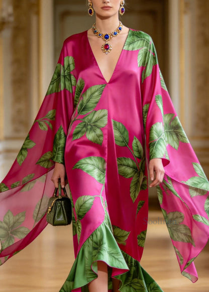 Women Rose V Neck Print Ruffled Patchwork Chiffon Dress Summer