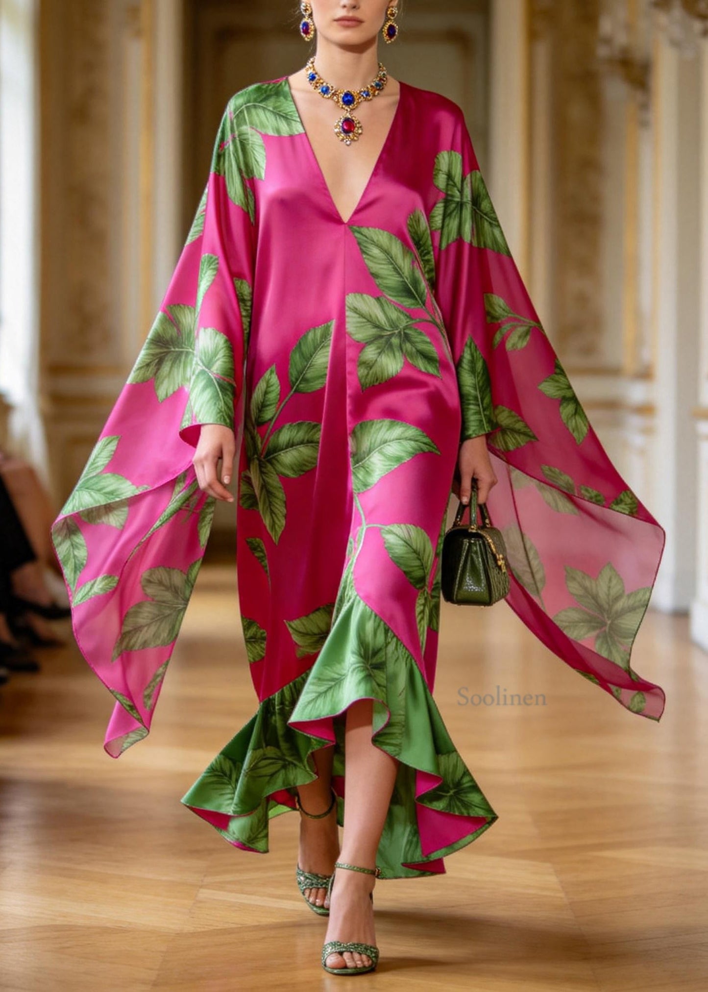 Women Rose V Neck Print Ruffled Patchwork Chiffon Dress Summer