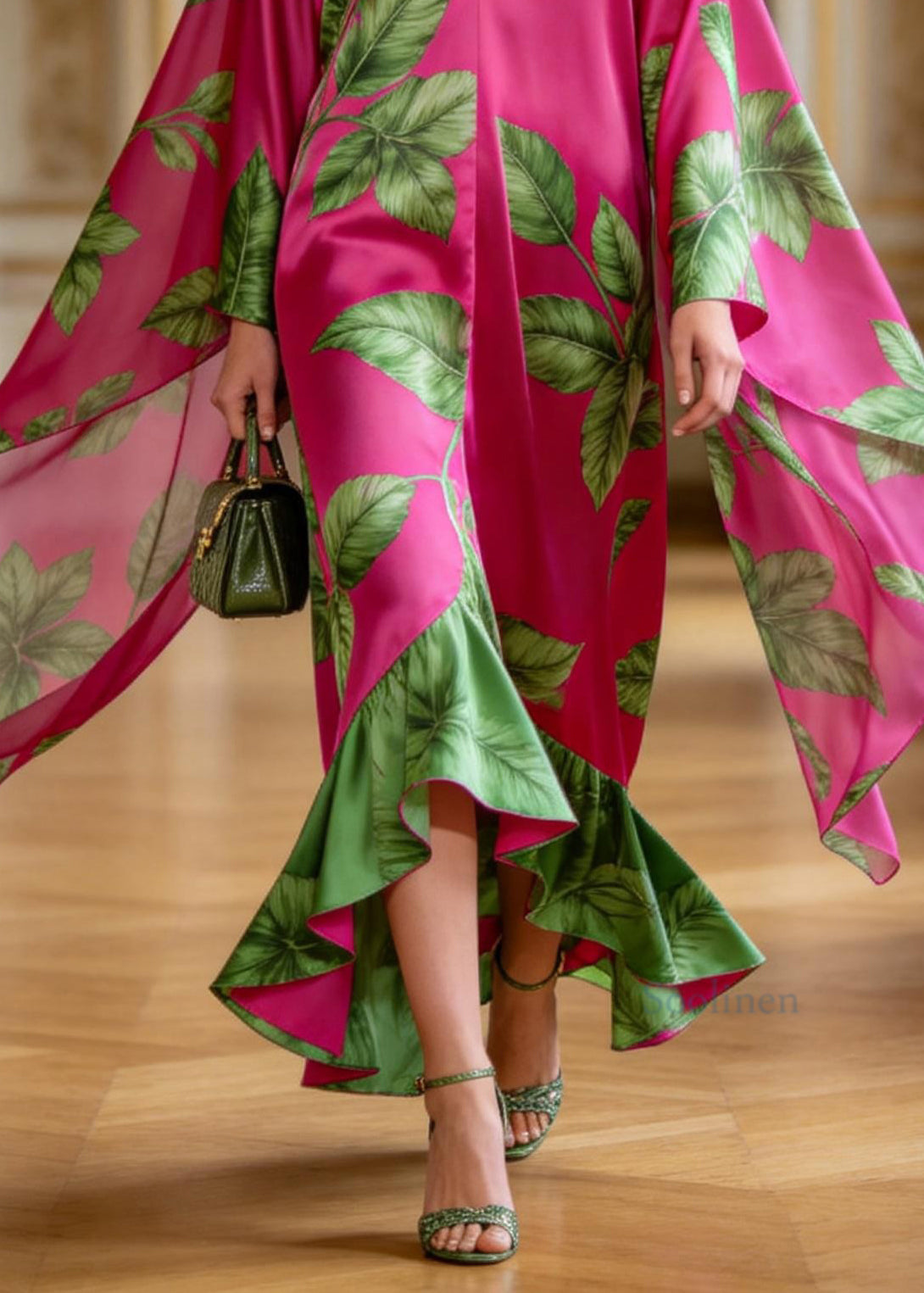 Women Rose V Neck Print Ruffled Patchwork Chiffon Dress Summer