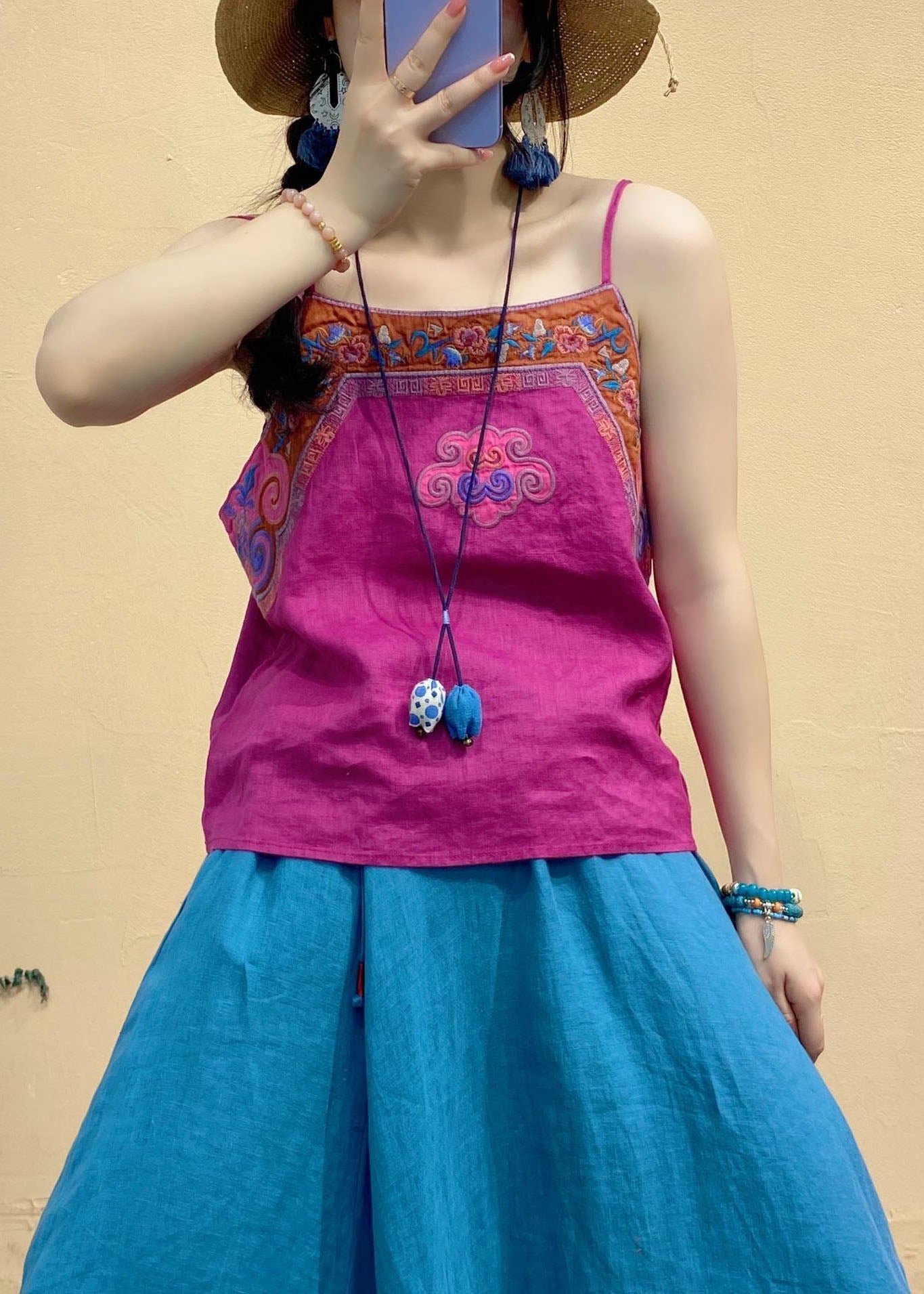 Frauen Rose rot Embroideried Patchwork Leinen Spaghetti Strap Top Sommer