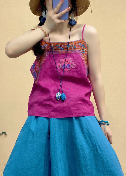 Frauen Rose rot Embroideried Patchwork Leinen Spaghetti Strap Top Sommer