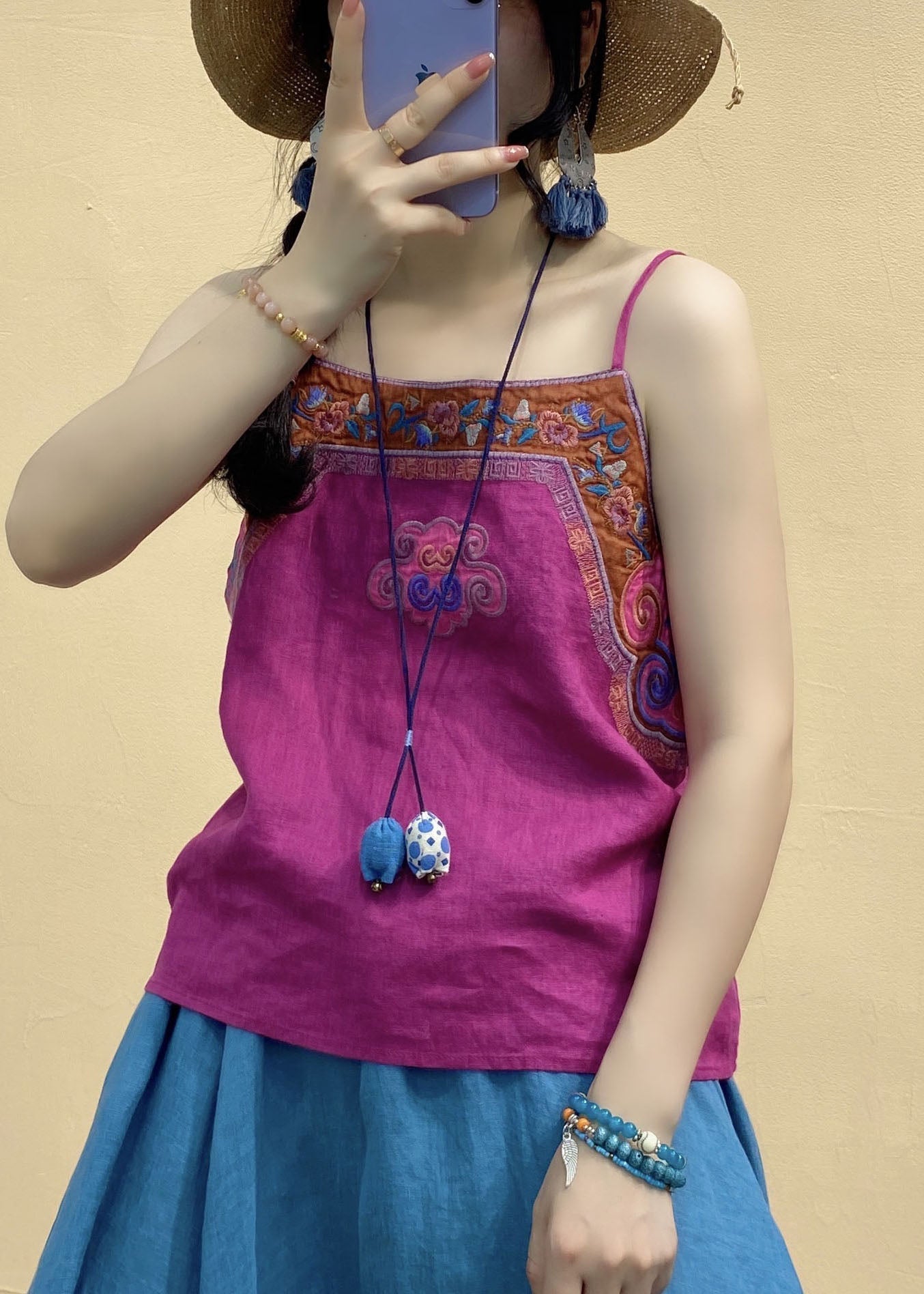 Frauen Rose rot Embroideried Patchwork Leinen Spaghetti Strap Top Sommer