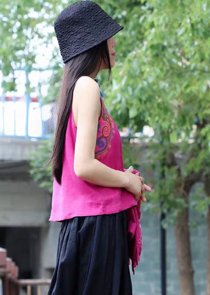 Frauen Rose rot Embroideried Patchwork Leinen Spaghetti Strap Top Sommer