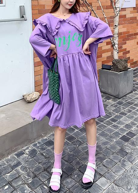 Women Ruffled Batwing Sleeve dress purple Letter Dresses - SooLinen