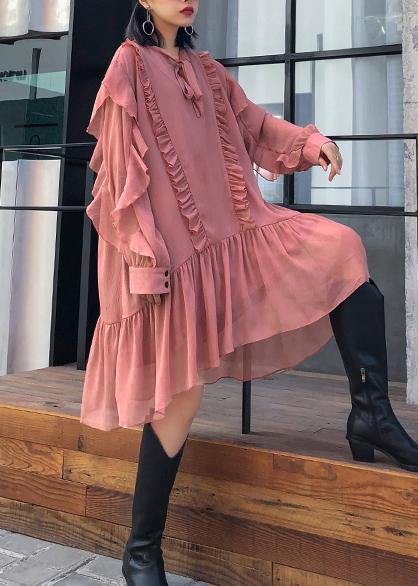 Women Ruffles long sleeve spring pink Dress - SooLinen