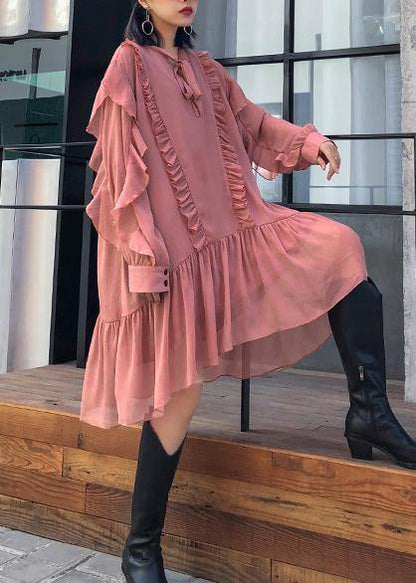 Women Ruffles long sleeve spring pink Dress - SooLinen
