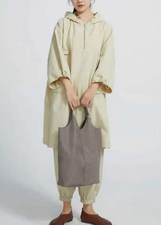 Women Side Open Cotton Loose Linen Tops women blouses Work Beige Shirts - SooLinen