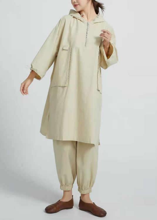 Women Side Open Cotton Loose Linen Tops women blouses Work Beige Shirts - SooLinen