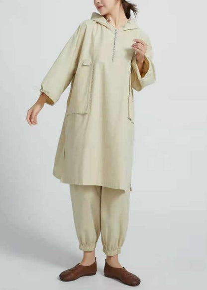 Women Side Open Cotton Loose Linen Tops women blouses Work Beige Shirts - SooLinen