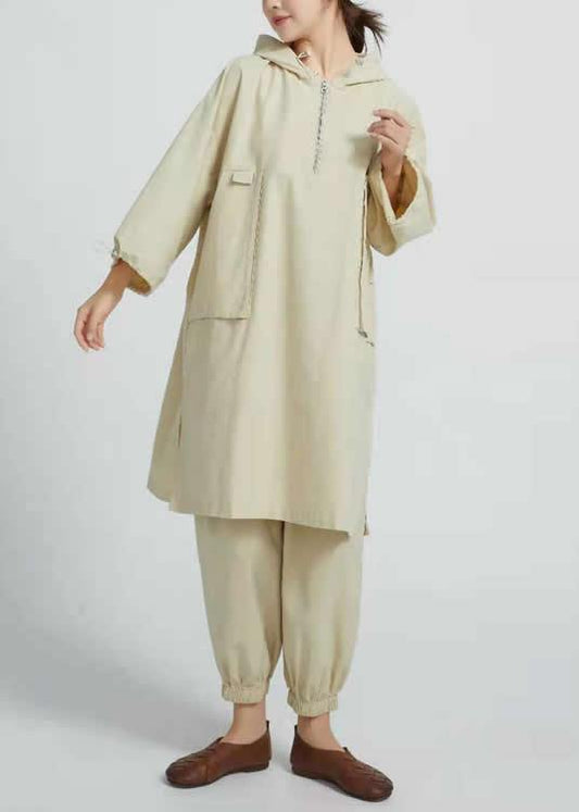 Women Side Open Cotton Loose Linen Tops women blouses Work Beige Shirts - SooLinen