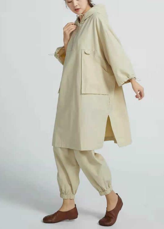 Women Side Open Cotton Loose Linen Tops women blouses Work Beige Shirts - SooLinen