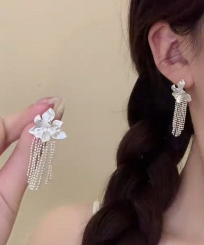 Women Silk Copper Overgild Floral Tassel Drop Earrings