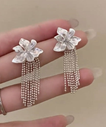 Women Silk Copper Overgild Floral Tassel Drop Earrings