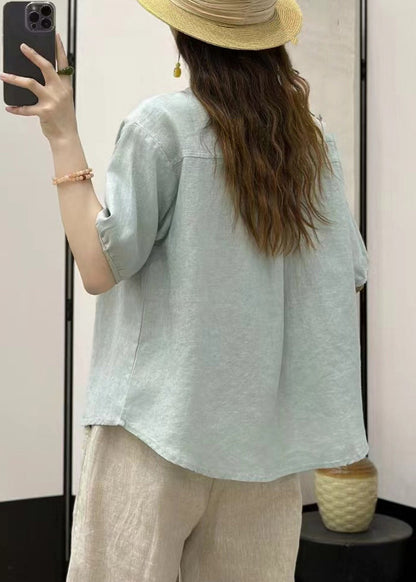 Women Sky Blue Button Solid  Loose Linen Shirt