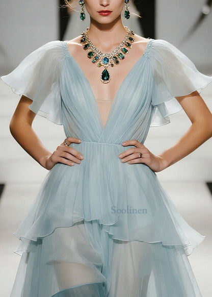 Himmelblaues Abendkleid für Damen aus Organza mit extra großem Saum, Patchwork-Design und Schmetterlingsärmeln