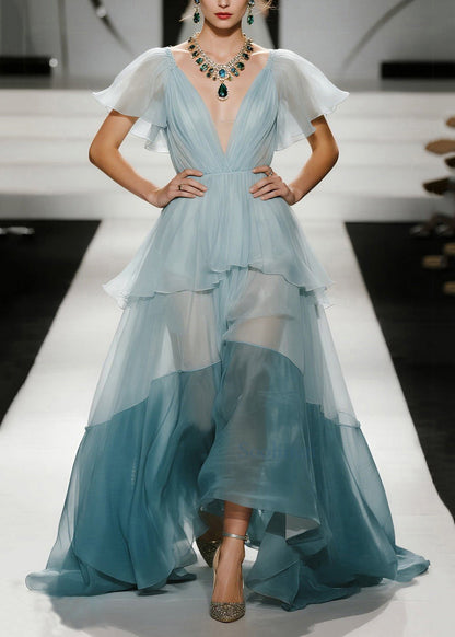 Himmelblaues Abendkleid für Damen aus Organza mit extra großem Saum, Patchwork-Design und Schmetterlingsärmeln